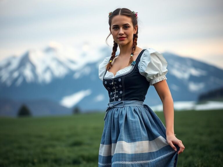 traje-tipico-aleman-dirndl Mujer joven con traje tradicional alemán Dirndl en Baviera