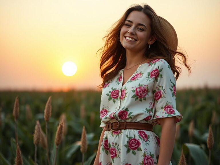 traje-tipico-americano-country Mujer con vestido country tradicional y botas cowboy en campo de trigo al atardecer, traje típico americano