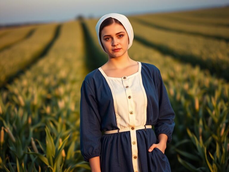 traje-tipico-amish-estados-unidos Mujer Amish vestida con traje tradicional en un campo de trigo al atardecer