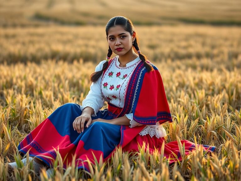 traje-tipico-argentina-paisana Joven paisana argentina con traje tradicional en campo de trigo al atardecer