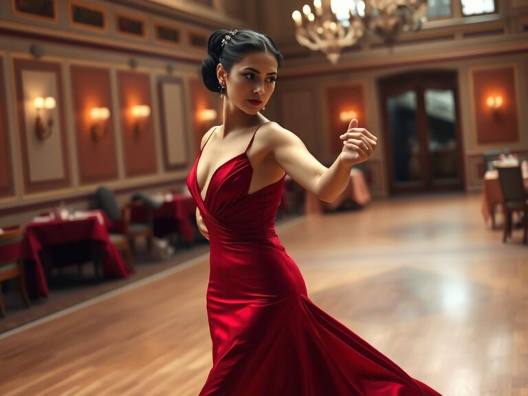 traje-tipico-argentina-tango Bailarina de tango argentino con vestido rojo de seda y abertura lateral, en un salón de baile iluminado