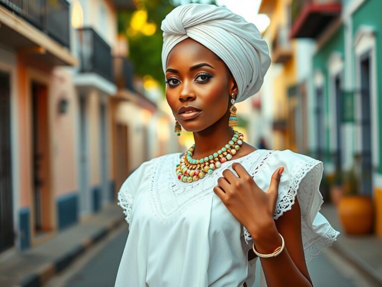 traje-tipico-bahia-brasil Mujer afrobrasileña vestida con el traje tradicional de Bahía, con turbante blanco y collares de orixás