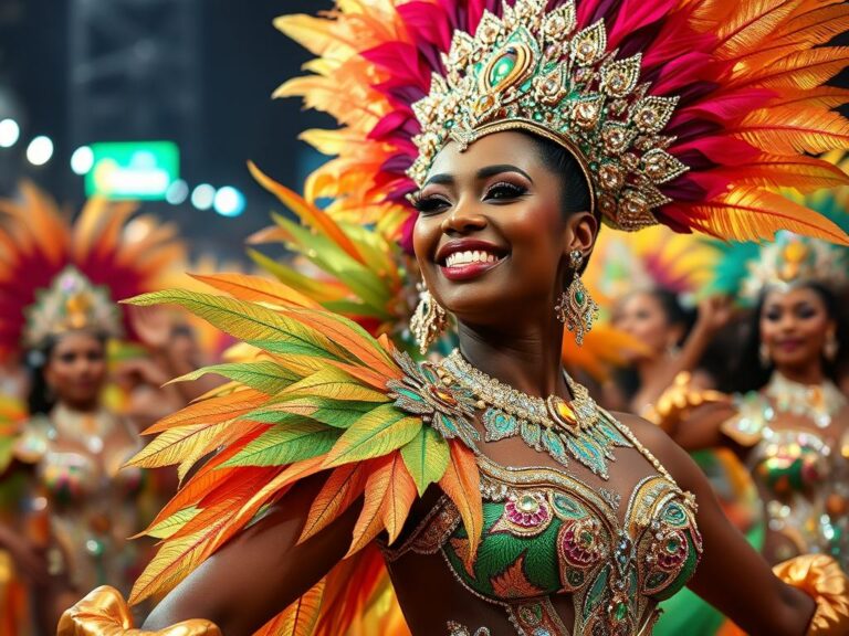 traje-tipico-brasil-carnaval Bailarina de samba con traje típico de Carnaval en Río de Janeiro, Brasil