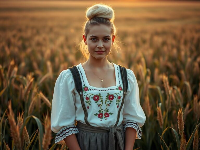 traje-tipico-bretana-francia Joven bretona con traje tradicional en campo de trigo al atardecer