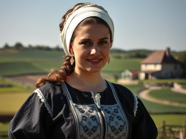 traje-tipico-breton-francia Mujer bretona con traje típico tradicional de Bretaña, Francia, luciendo una coiffe de encaje blanco y un vestido bordado en un paisaje rural.