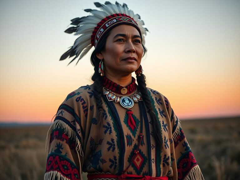 traje-tipico-canada-blackfoot Mujer indígena Blackfoot con traje tradicional de piel de búfalo bordado
