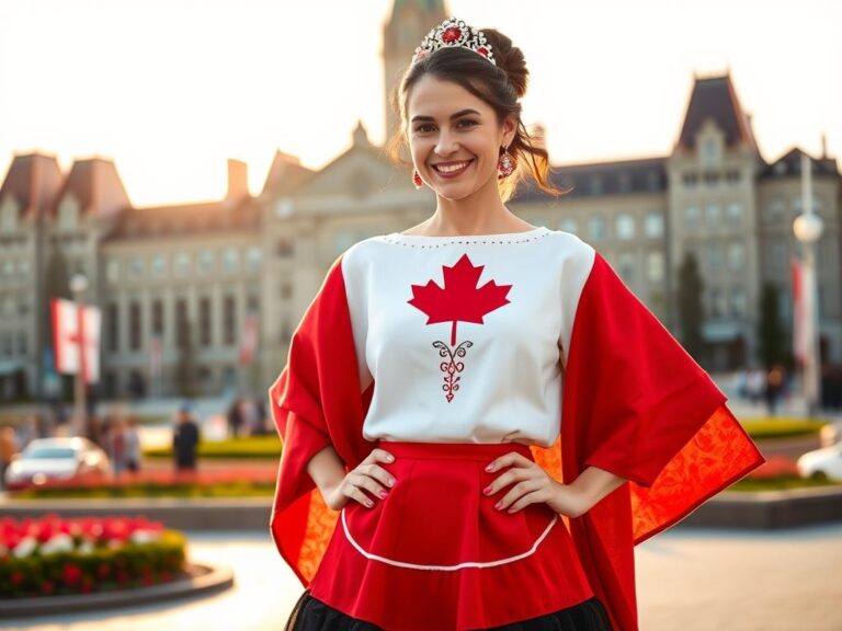 traje-tipico-canada-dia-canada Mujer canadiense vestida con traje tradicional para la celebración del Día de Canadá