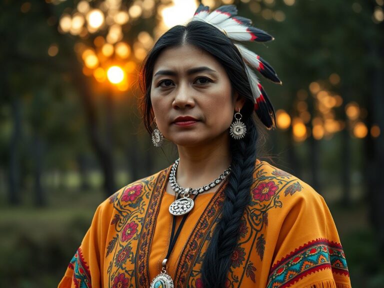 traje-tipico-canada-indigena Mujer indígena canadiense con traje tradicional adornado con bordados y cuentas, en un bosque al atardecer