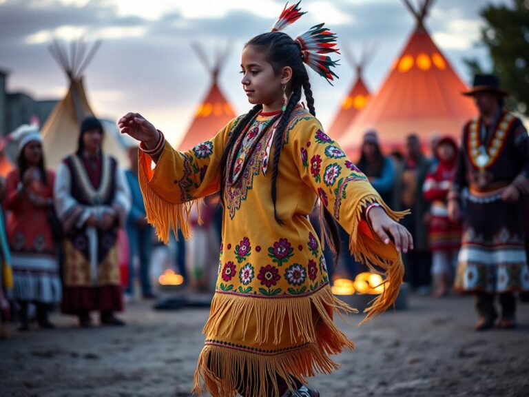 traje-tipico-canada-jingle-dress Joven indígena canadiense bailando con un jingle dress tradicional en un Pow Wow al atardecer