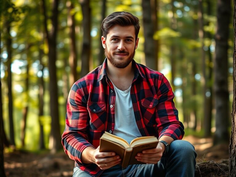 traje-tipico-canada-lenador Leñador canadiense con camisa de franela a cuadros rojos y negros en bosque de coníferas