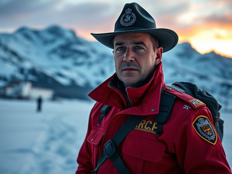 traje-tipico-canada-policia-montada Oficial de la Real Policía Montada de Canadá (RCMP) con el tradicional uniforme rojo escarlata en las Montañas Rocosas.