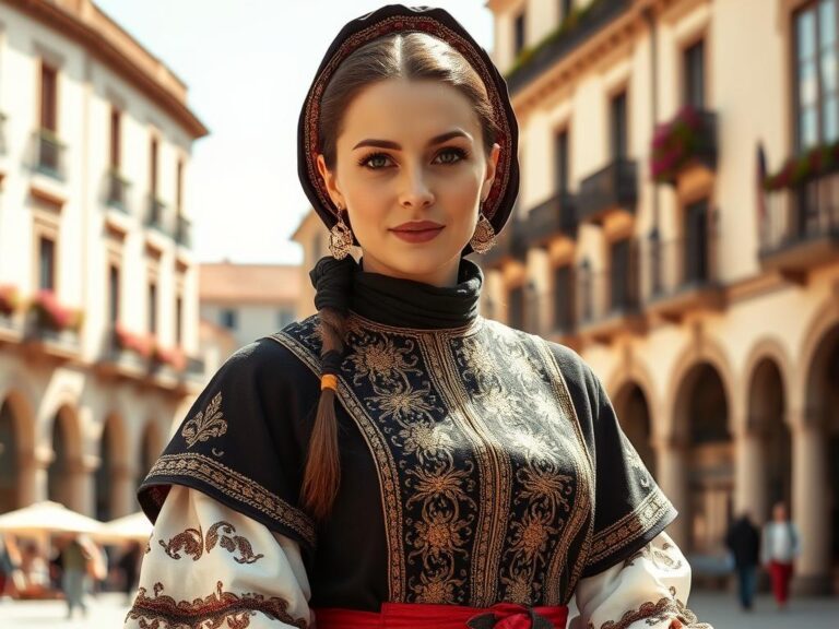 traje-tipico-charro-salamanca Mujer con traje típico de charra salmantina, bordados dorados y filigrana.