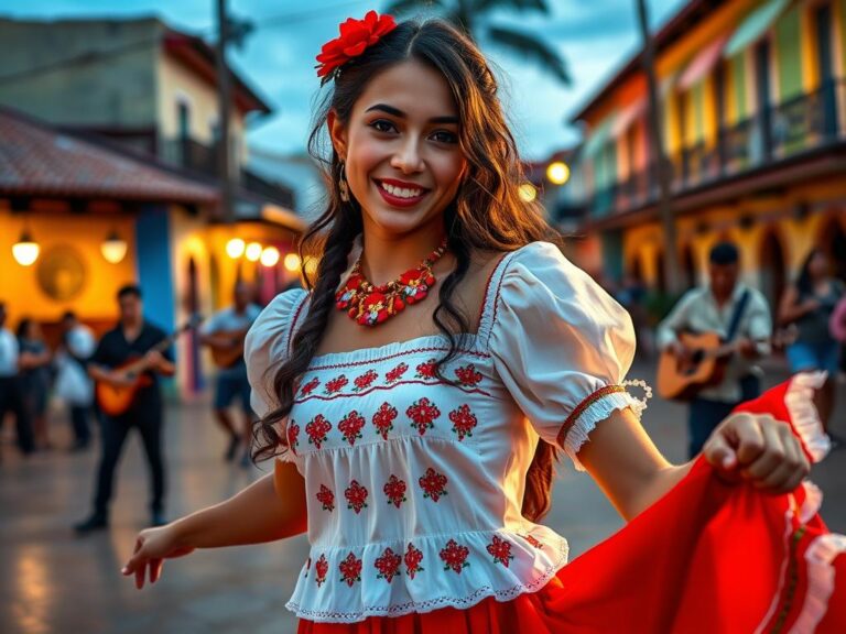 traje-tipico-colombia-pollera Joven bailarina colombiana luciendo un traje típico de Pollera Colorá en una plaza colonial