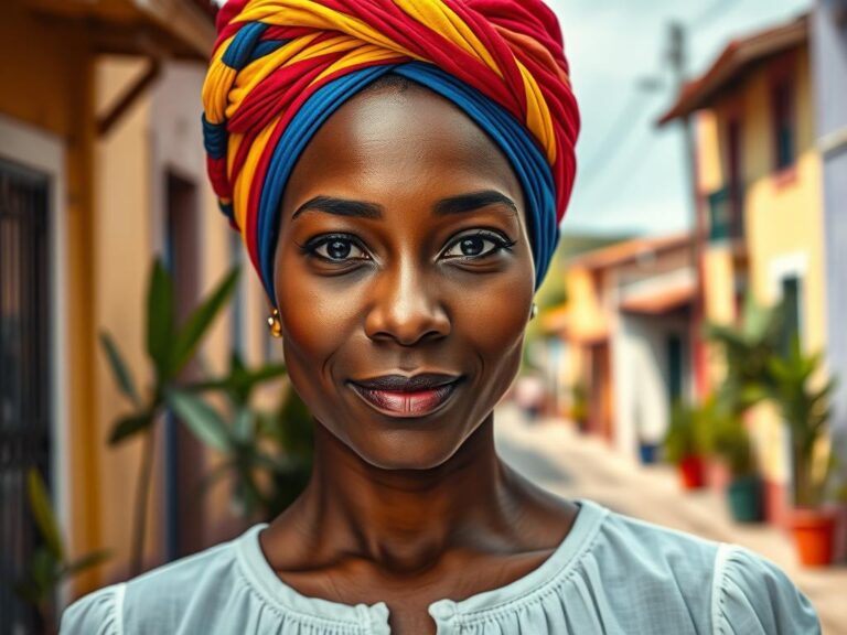 traje-tipico-colombia-turbante Mujer afrocolombiana con turbante tradicional en Palenque, Colombia