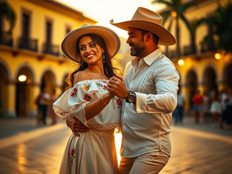 traje-tipico-colombiano-cumbia Pareja bailando cumbia con trajes típicos de Colombia: pollera colorá y sombrero vueltiao