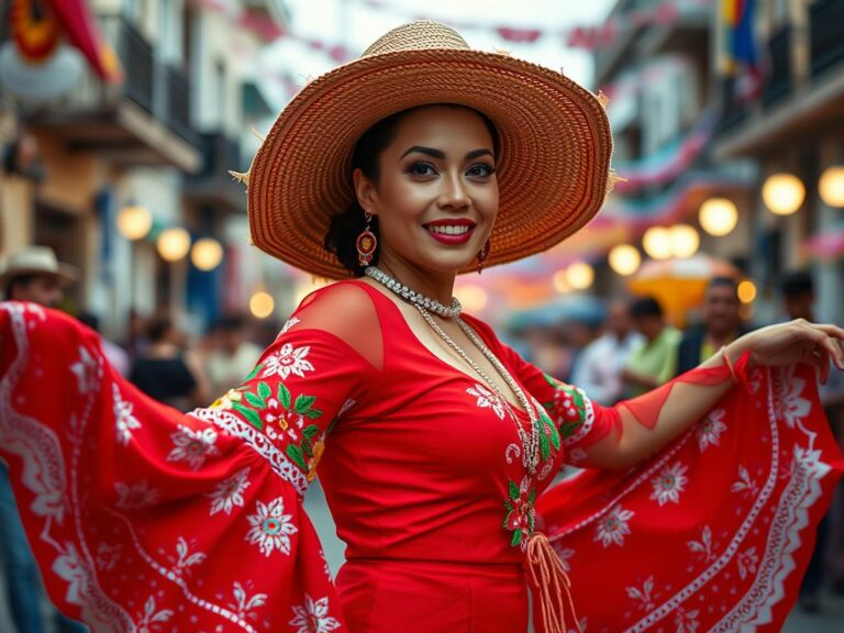 traje-tipico-colombiano-pollera Mujer con traje típico colombiano de pollera roja y sombrero vueltiao durante el Carnaval de Barranquilla