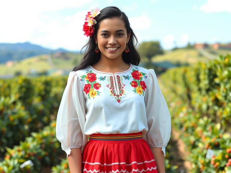 traje-tipico-costa-rica Mujer costarricense con el traje típico tradicional de Costa Rica, bordados florales y falda roja