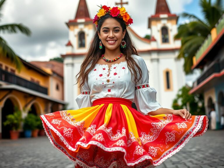 traje-tipico-costa-rica Joven costarricense con traje típico tradicional bailando en una plaza