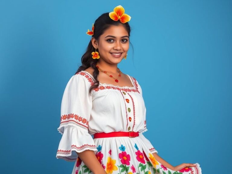 traje-tipico-costa-rica-mujer Joven costarricense luce un colorido traje típico con bordados florales y canasta de mimbre, representando la cultura y tradición de Costa Rica.