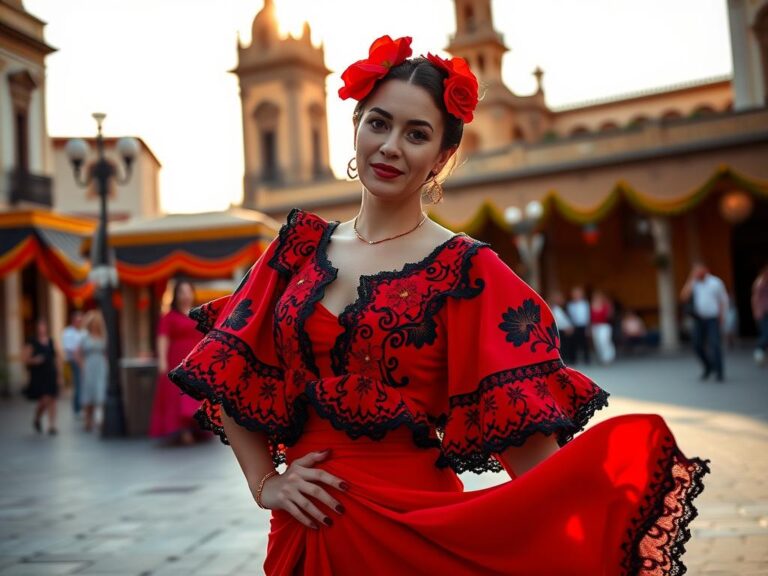 traje-tipico-espanol-flamenca Mujer vestida con el traje típico de flamenca andaluza en la Feria de Abril de Sevilla