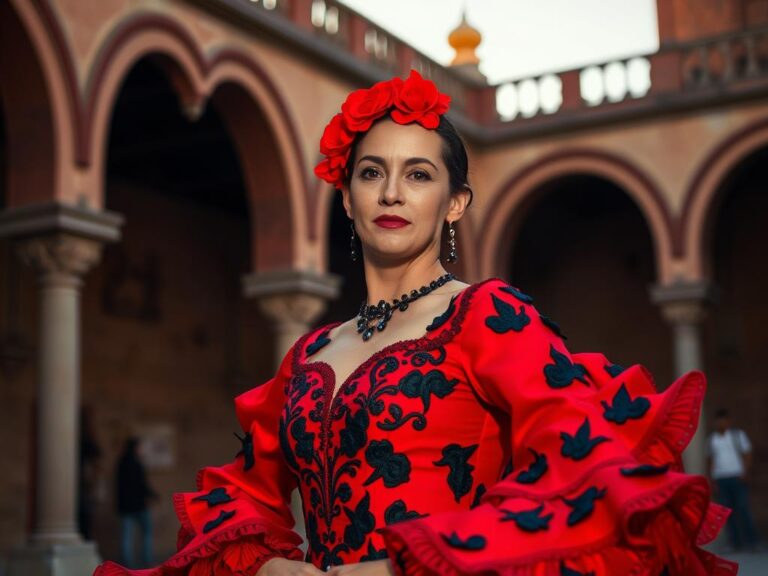 traje-tipico-españa-flamenca Bailaora flamenca con traje rojo de lunares en Sevilla, España