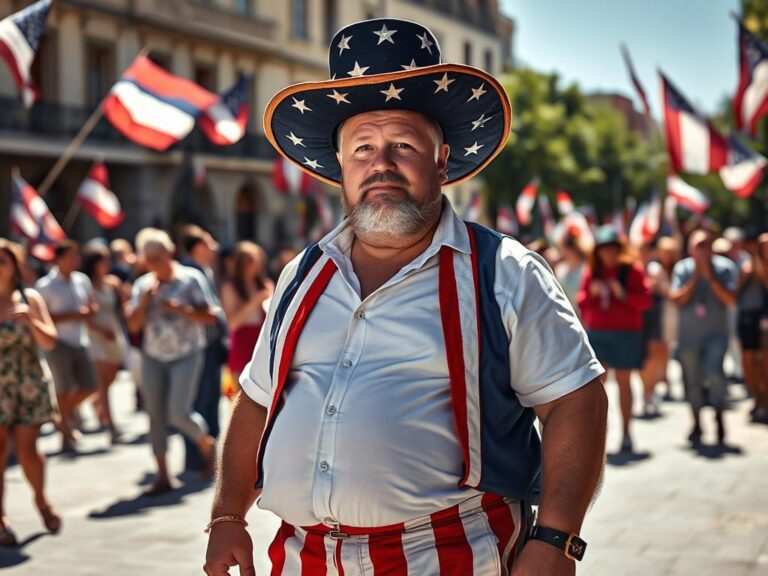 traje-tipico-estados-unidos-tio-sam Hombre vestido como el Tío Sam en desfile patriótico del 4 de Julio