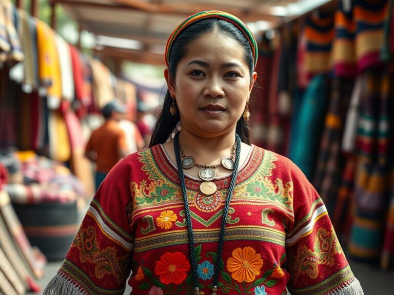 Mujer maya guatemalteca vestida con huipil tradicional y corte en mercado de Chichicastenango