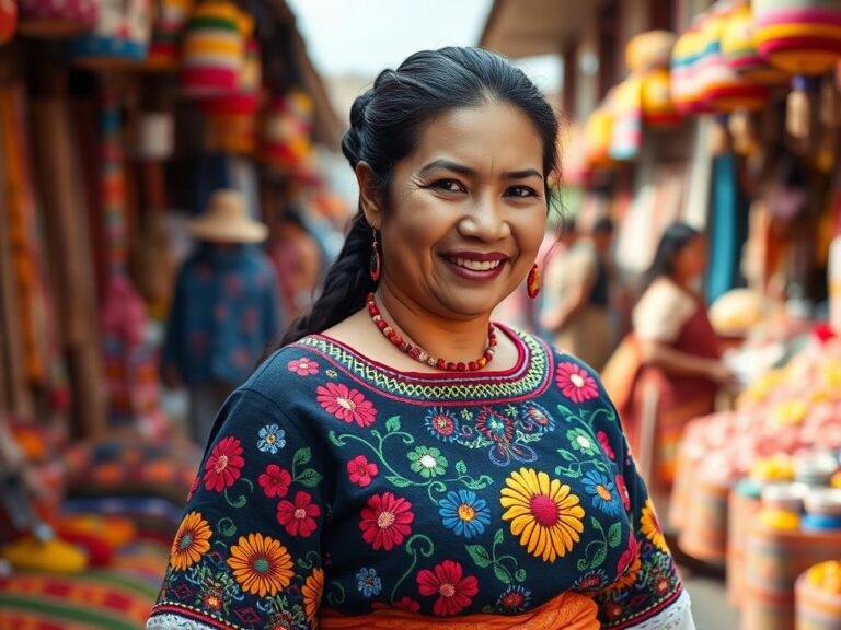 Mujer maya guatemalteca portando traje típico tradicional con bordados coloridos en mercado de Chichicastenango