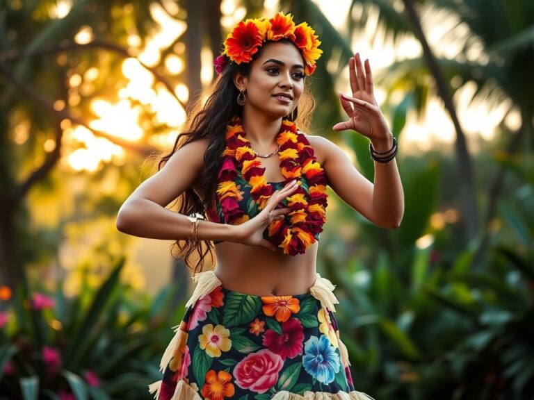 traje-tipico-hawaiano-hula Bailarina de hula hawaiana con traje tradicional de pa'u y lei de flores