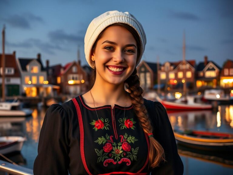 traje-tipico-holanda-volendam Joven holandesa con traje tradicional de Volendam sonriendo en el puerto