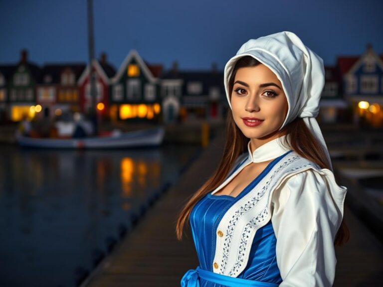 traje-tipico-holanda-volendam Joven con traje típico de Volendam, Holanda, sonriendo en un muelle