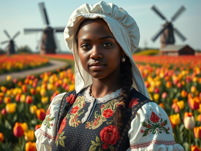 Joven holandesa con traje tradicional de Volendam en campo de tulipanes