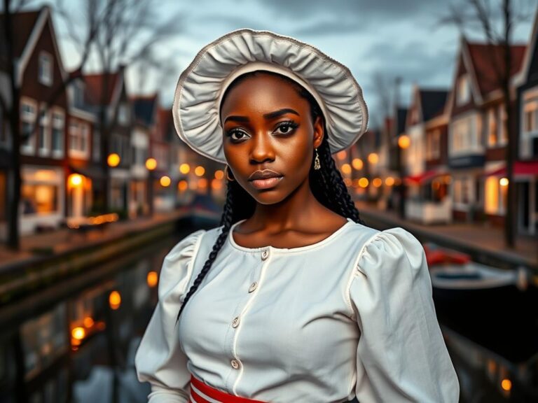 Joven holandesa con traje típico de Volendam posando junto a un canal