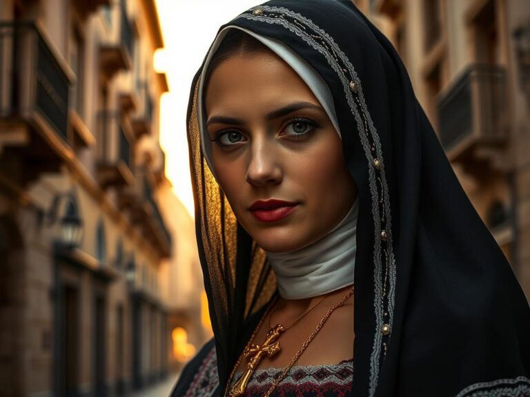 traje-tipico-malta-ghonnella Mujer maltesa vestida con la ghonnella tradicional en Valletta, Malta