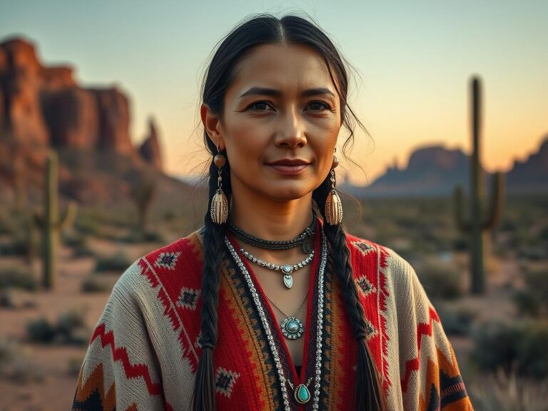 traje-tipico-navajo-estados-unidos Mujer Navajo con traje tradicional tejido a mano en el desierto de Arizona