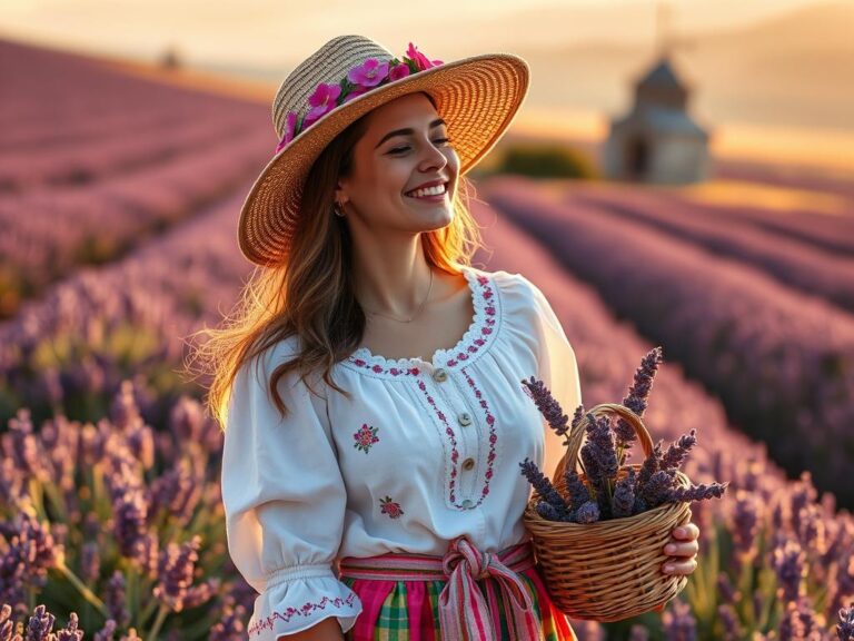 traje-tipico-provenzal-francia Mujer con traje típico provenzal en campo de lavanda, Francia
