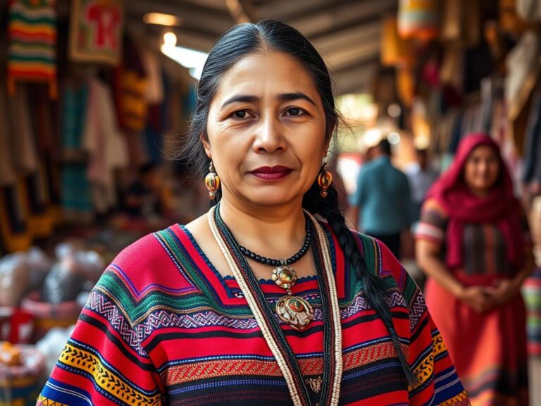 Mujer maya con traje típico de Quiché, Guatemala, mostrando huipil con franjas y bordados vibrantes