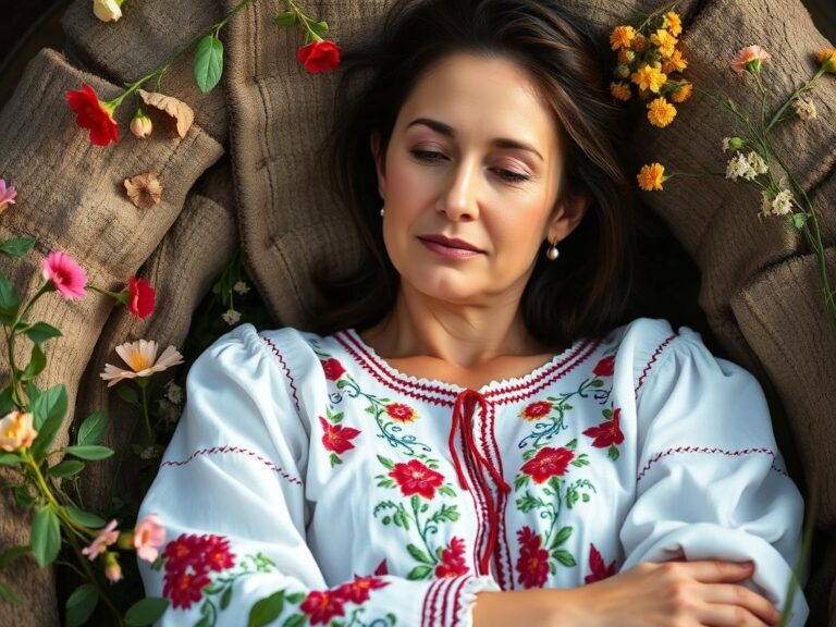 traje-tipico-rumano-maramures Mujer rumana con traje tradicional de Maramureș en campo de trigo al atardecer