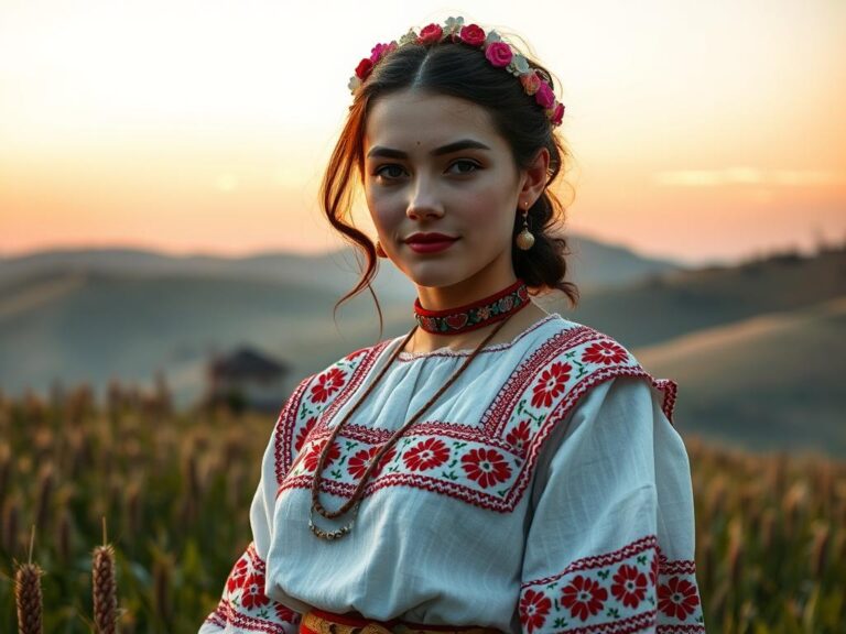 traje-tipico-rumano-maramures Joven rumana con traje tradicional de Maramureș en campo de trigo al atardecer