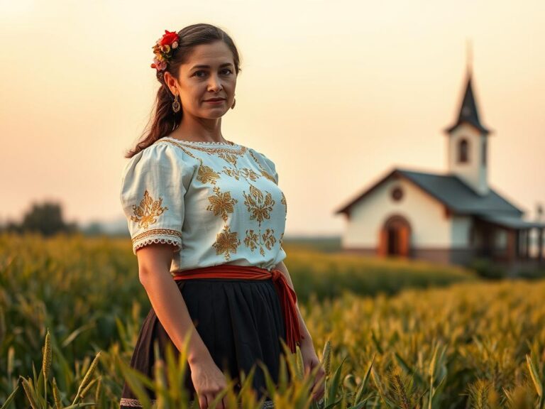 traje-tipico-rumano-valaquia Mujer rumana vestida con traje tradicional de Valaquia en campo de trigo al atardecer