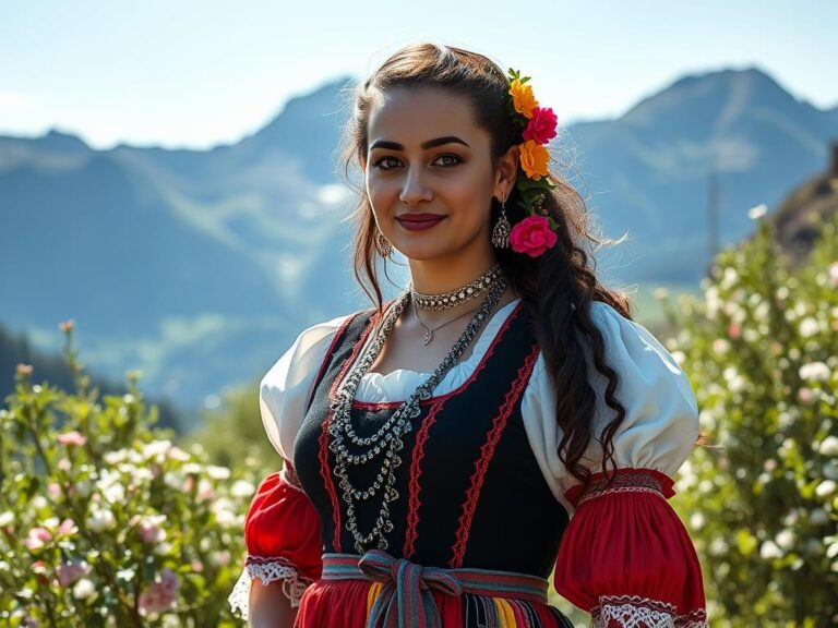 traje-tipico-suizo-appenzell Mujer con traje típico suizo de Appenzell en un prado alpino