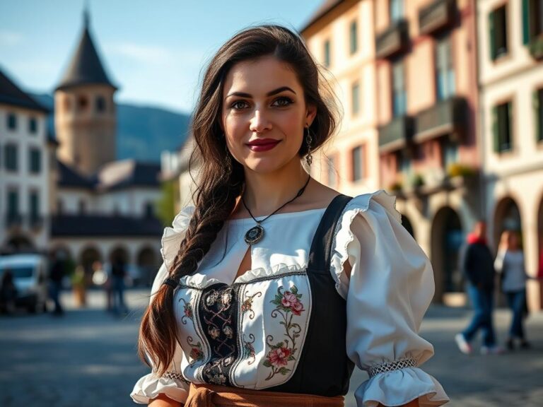 traje-tipico-suizo-berna Mujer con traje tradicional suizo del cantón de Berna, luciendo el tocado Berner Mutz