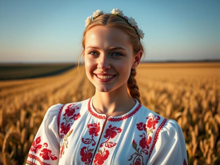 traje-tipico-ucraniano-vyshyvanka Joven ucraniana con vyshyvanka tradicional bordada en campo de trigo