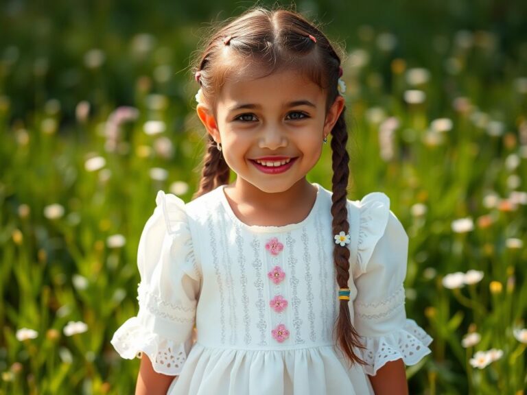 traje-tipico-uruguay-nina Niña uruguaya vestida con traje típico de paisanita en campo florido