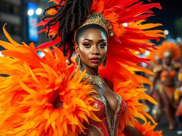 traje-tipico-uruguay-vedette Bailarina afro-uruguaya con traje tradicional de vedette durante el Carnaval de Llamadas en Montevideo, Uruguay