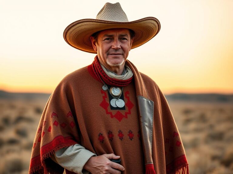 traje-tipico-uruguayo-gaucho Gaucho uruguayo con vestimenta tradicional en la pampa al atardecer