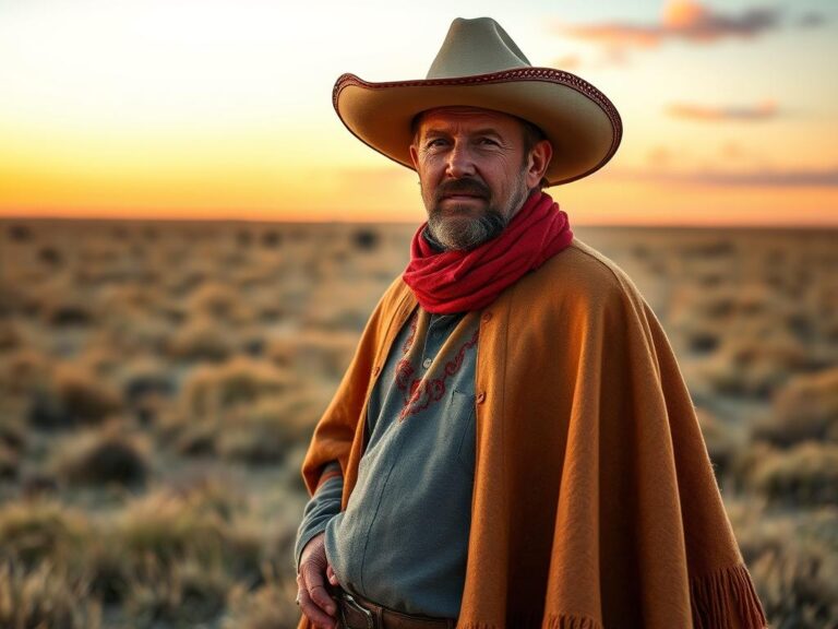 traje-tipico-uruguayo-gaucho Gaucho uruguayo con traje tradicional en la pampa al atardecer
