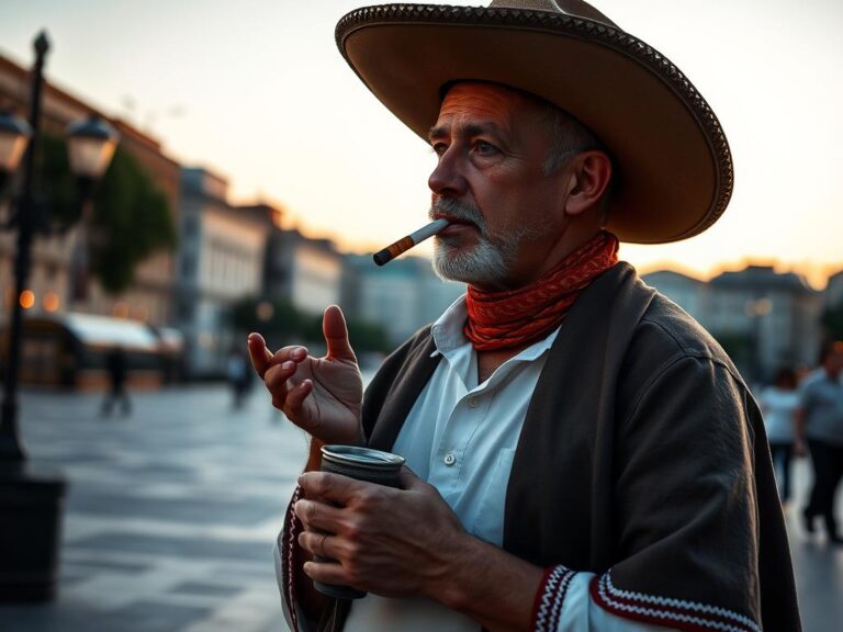 traje-tipico-uruguayo-gaucho Gaucho uruguayo con traje tradicional en la Plaza de Montevideo al atardecer