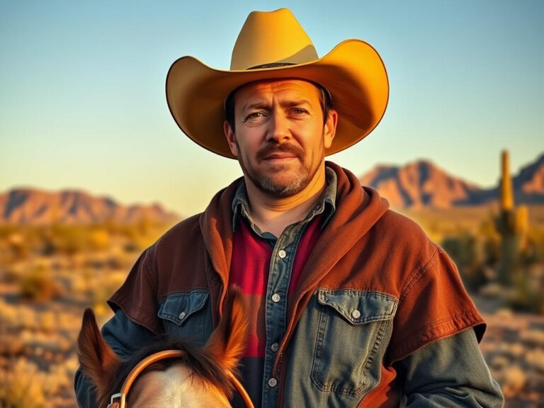 traje-tipico-vaquero-americano Vaquero americano con traje tradicional en el desierto de Arizona al atardecer