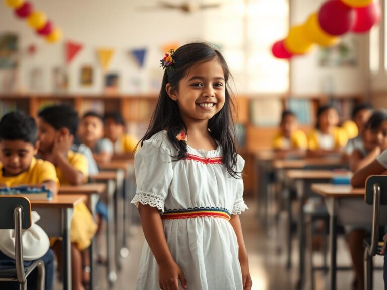 traje-tipico-venezolano-nina Niña venezolana con traje típico blanco adornado con cintas de la bandera nacional en acto escolar